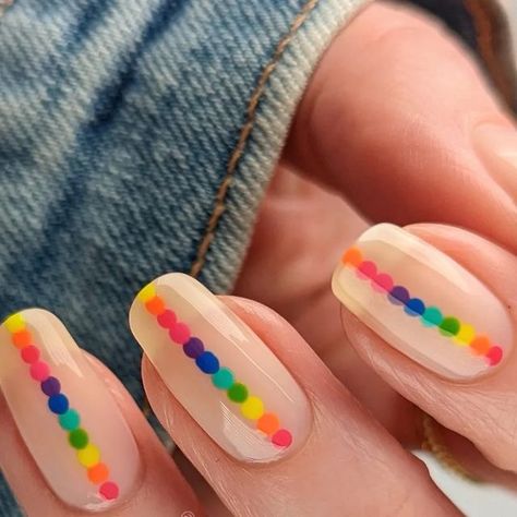 Minimalist Neon Nails, Neon Dot Nails, Rainbow Nails Simple, Rainbow Nail Design, Pride Nails Designs Simple, Simple Rainbow Nails, Neon Nails Short, Neon Rainbow Nails, Rainbow Toe Nails