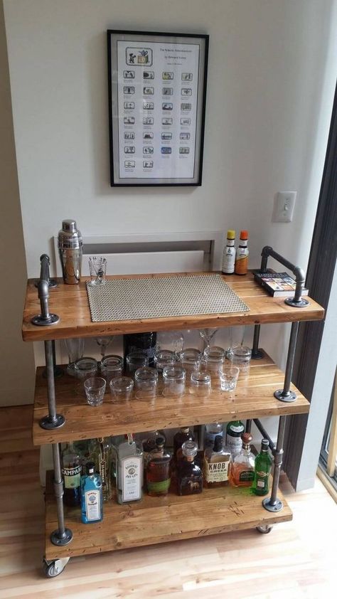 36 Best Industrial Home Decor Ideas and Designs for 2020 Industrial Bar Cart, Industrial Pipe Furniture, Wood Bar Cart, Industrial Diy, Pipe Furniture, Bar Cart Decor, Diy Bar, Design Industrial, Cool Ideas