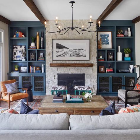 75 Beautiful Tv Fireplace Opposite Walls Home Design Pictures & Ideas - March, 2021 | Houzz Fireplace Tv Wall Built Ins, Wall Built Ins, Transitional Family Room, Ideal Living Room, Family Room Colors, Classy Living Room, Living Room Interiors, Fireplace Tv Wall, Classic Chandelier