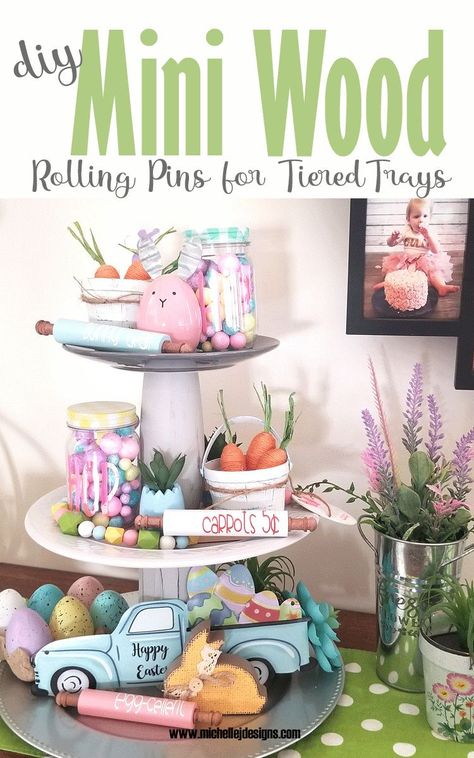 Diy Tray Decor, Easter God, Rolling Pin Crafts, Mini Rolling Pins, Tiered Tray Stand, Tray Decor Ideas, Easter Tiered Tray, Tiered Tray Ideas, Farmhouse Tray