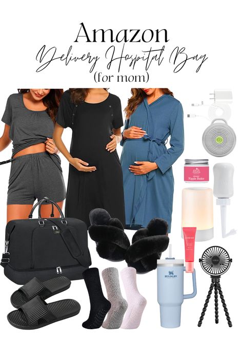 What to pack in your hospital bag for mom! Amazon favorites under $100. Maternity and nursing pajamas and robe. Grey, navy, and black pajama sets. Black fuzzy slippers. Large black duffel bag. Stanley Cup. Laneige lip moisturizer. Breastfeeding cream. Black shower shoes. Fuzzy socks with grips for the hospital. Portable rechargeable nightlight. Portable sound machine for babies. Frida Mom peri bottle. All items can be found on Amazon for under $100! These items are budget friendly and affordable Delivery Hospital Bag, Acrylic Flower Vase, Delivery Hospital, Nursing Pajama Set, Amazon Delivery, Nursing Gown, Nursing Pajamas, Best Slippers, Shower Shoes