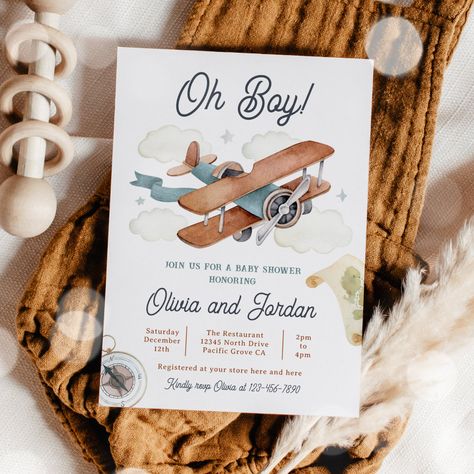 Travel Baby Shower Invitations, Vintage Airplane Baby Shower, Baby Boy Invitations, Shower Vintage, Travel Baby Showers, Airplane Baby Shower, Adventure Baby Shower, Airplane Baby, Baby Shower Vintage