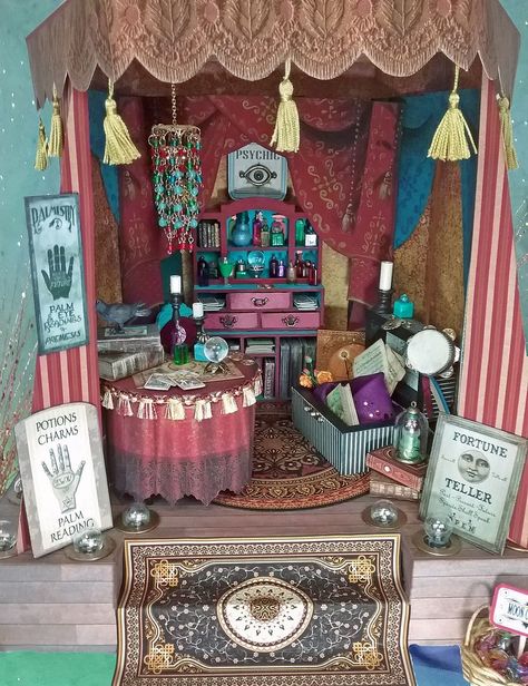 Artfully Musing: MADAM RUE GYPSY FORTUNE TELLER - VIDEO TUTORIAL AND NEW IMAGE SETS Fortune Teller Room, Haunted Doll, Haunted Dollhouse, Mini Furniture, Emo Stuff, Halloween Miniatures, Miniature Printables, Stamp Carving, Market Ideas