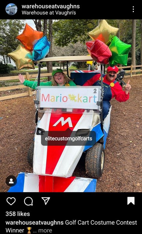 Mario Kart Golf Cart, Golf Cart Costume Ideas, Halloween Golfcart Ideas, Mario Kart Golf Cart Decor, Halloween Golf Cart Parade Ideas, Trunk Or Treat Golf Cart, Golfcart Decoration Ideas, Decorated Golf Cart Ideas, Halloween Golf Cart Ideas