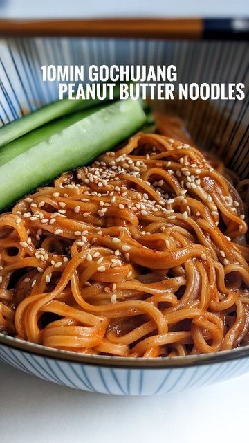 Gochujang Peanut Sauce, Peanut Gochujang Noodles, Gochujang Peanut Noodles, Sesame Oil Recipes, Gochujang Noodles, Peanut Butter Noodles, Water Cucumber, Butter Noodles, Sausage Soup Recipes