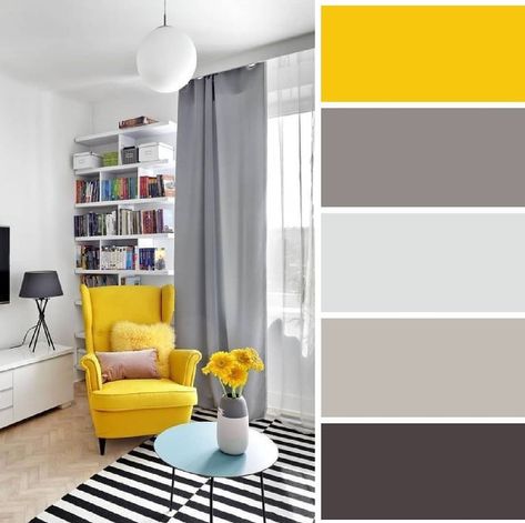 Grey White And Yellow Living Room, Living Room Design Yellow, Grey And Yellow Living Room, Bedroom Color Combination, Grey Interior Design, Exterior House Paint Color Combinations, Yellow Living Room, Living Room Color Schemes, Cosy Living Room