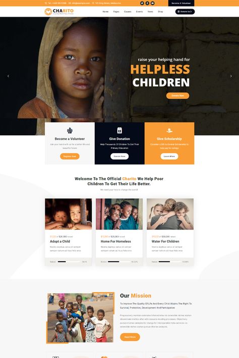 Charito WordPress theme is very easy to cumtomize and it has a lot of features and very strong admin panel for any client to make a good website. Portfolio Deck, Charity Website Design, Nonprofit Website Design, Nonprofit Website, Web Elements, Primary Education, Poor Children, Donate Now, Admin Panel