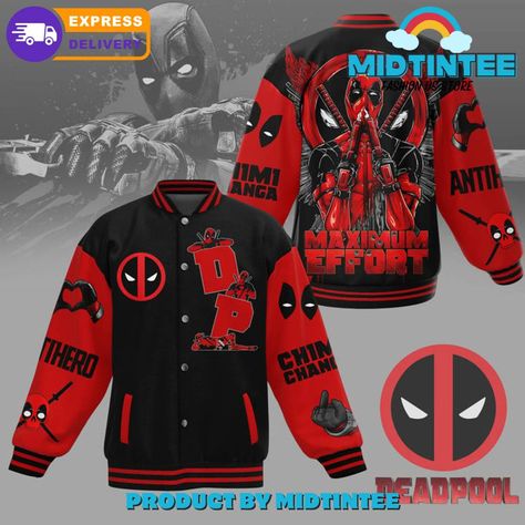 Deadpool Maximum Effort Baseball Jacket 30Uf092135 - Utopia Fashion Check more at https://utopiafashion.co/product/deadpool-maximum-effort-baseball-jacket-30uf092135-utopia-fashion/ Deadpool Maximum Effort, Stripes Clothes, Utopia Fashion, Deadpool Logo, Air Jordan Low, Maximum Effort, Wade Wilson, Edgy Style, Baseball Jacket