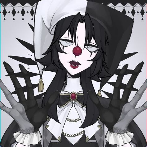 Clown Oc Female, Clowns And Jesters, Jester Pfp Aesthetic, Female Jester Art, Jester Oc Drawing, Jester Anime, Female Jester, Jester Aesthetic, Black And White Clown