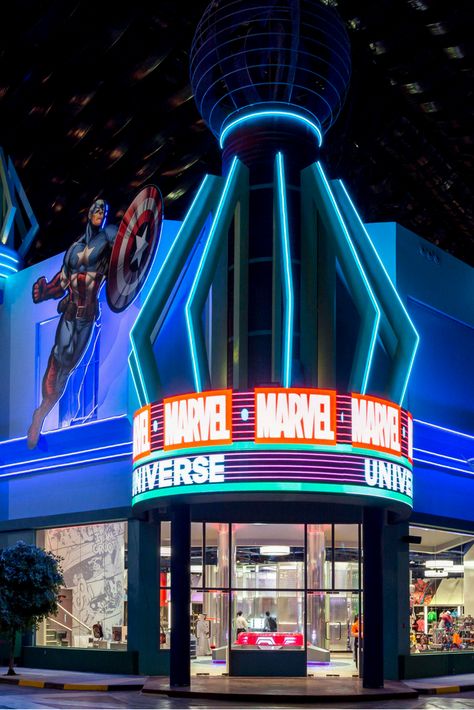 The Marvel gift shop at IMG World’s of Adventure transports visitors to the thrilling Marvel Universe. Space Themed Cafe, Spaceship Restaurant, Scifi Restaurant, Img World, Marvel Movie Theater, Marvel Movie Theater Aesthetic, Marvel Gift, Marvel Store, Marvel Gifts