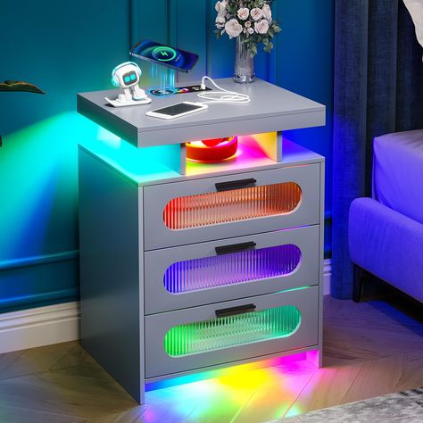 PRICES MAY VARY. 🌈【Dazzling Light & 24 Colors RGB LED Lights】The vkcc smart LED nightstand has 7 dazzling light modes and 24 static light modes. You can use the remote control to adjust your favorite color, brightness and dazzling light speed. 🔋【Built-in Charging Station】This LED Bedside Table is equipped with wireless charging, 1 USB port and 1 Type-C port. It can satisfy your need to charge different electronic devices at the same time. No need to purchase new power outlets. ✅【Multiple Stora Man Cave Set Up, Led Lights Under Couch, Space Aesthetic Decor, Alien Furniture, Teen Room Inspiration, Teenager Boys Bedroom Ideas, Cool Bedroom Ideas For Men, Pre Teen Boys Room, Portal Room