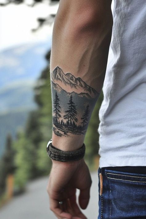 Tattoo Arm Cover Up For Men, Nature Bicep Tattoos For Men, Subtle Sleeve Tattoo, Piece Of Me Tattoo, Mountain Tattoo Ideas For Men, Top Of Bicep Tattoo Men, Mountain Tattoo American Traditional, Simple Nature Tattoos Men, Men’s Mountain Tattoo