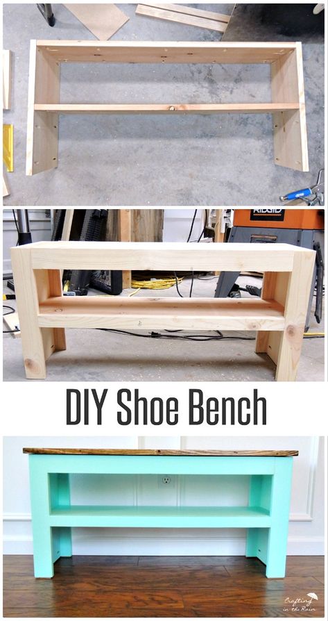 Free plans to build a diy shoe bench that will look great in your entry and keep all the shoes organized. Customize with paint and stain. Build Entryway, Diy Shoe Bench, Diy Entryway Ideas, Shabby Chic Entryway, Entryway Shoe Bench, Diy Entryway Table, Diy Bank, Shoe Bench Entryway, Diy Shoe Storage