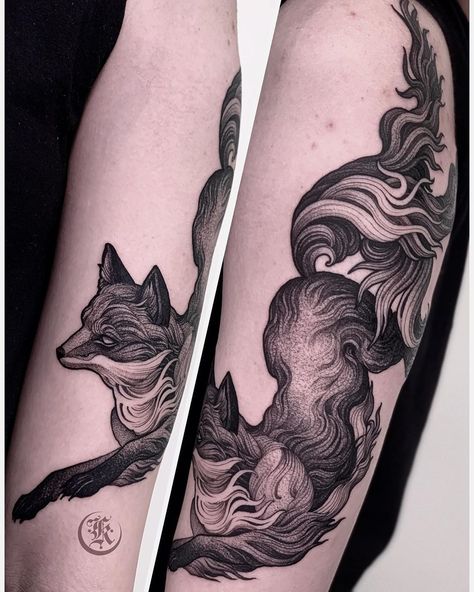 Kristina Darmaeva on Instagram: “One fox, three tails🦊🦊🦊 #kwadron #kwadronneedles #kwadronproteam #tattoomarket @kwadron @tattoomarket #tattoo #tatt #tattooinrussia…” Cloud Tattoo, Fox Tattoo, Creature Artwork, Tattoo Portfolio, Tattoo Project, Dog Tattoo, Animals Artwork, Skin Art, Blackwork Tattoo