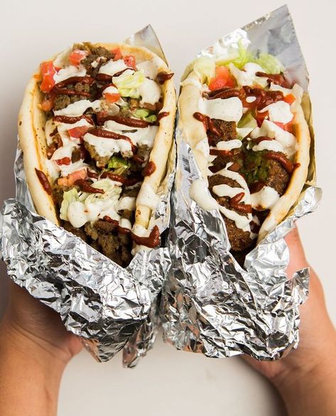 A balanced diet is a wrap in each hand! Choose from so many delicious options from The Halal Guys - Bethesda, MD 📸: The Halal Guys #halalrun #eathalal #halalfood The Halal Guys, Halal Guys, Dog Cart, Hot Dog Cart, Halal Food, Halal Recipes, A Balanced Diet, American Dream, Copycat Recipes