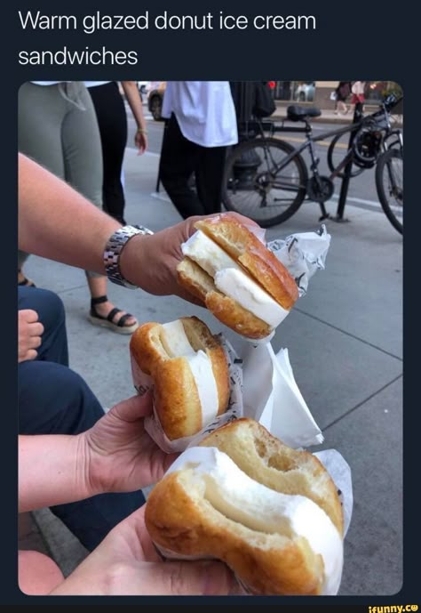 Warm glazed donut ice cream sandwiches – popular memes on the site iFunny.co #weather #animalsnature #warm #glazed #donut #ice #cream #sandwiches #pic Donut Ice Cream, Glazed Donut, Junk Food Snacks, Ice Cream Sandwiches, Think Food, Fair Food Recipes, Food Goals, Food Obsession, Bagels