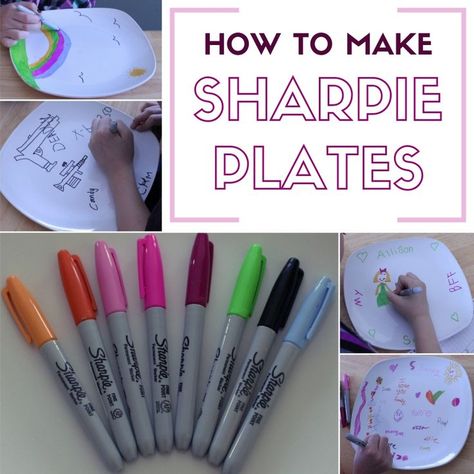 Decorating ceramic plates with the kids is a handmade craft that everyone will love. Keep your kid's artwork on marker plates!#sharpieplates#crafty#sharpies#madebykids#kidscrafts Sharpie Plates, Sharpie Crafts, Keepsake Crafts, Diy Sharpie, Plates Diy, Sharpie Markers, Sharpie Art, Diy Craft Tutorials, Plate Crafts