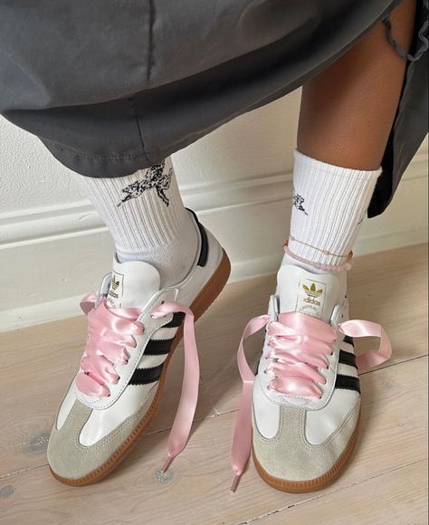 ribbon shoelaces via @ mikahchay on insta Adidas Shoes Outfit, Adidas Samba Women, Adidas Samba Outfits, Ribbon Shoe Laces, Adidas Samba White, Samba Outfits, Adidas Samba Outfit, Ribbon Shoes, Samba Shoes