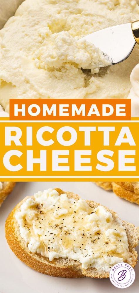 Ricotta Cheese is so easy to make, with only 4 simple ingredients and 20 minutes. And tastes a million times better than store bought! Pasta Recipes With Red Sauce, Recipes With Red Sauce, Homemade Ricotta Cheese, Cheese Making Recipes, Homemade Ricotta, Pasta Party, Recipes For Chicken, Chinese Take Out, Yeast Bread Recipes