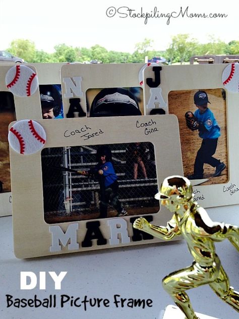 DIY Baseball Picture Frame #baseball #diy #craft http://www.stockpilingmoms.com/2014/07/diy-baseball-picture-frame/ Baseball Picture Frame, Baseball Team Party, Team Mom Baseball, Baseball Team Gift, Softball Party, Baseball Practice, Baseball Videos, Baseball Coach Gifts, Baseball Crafts