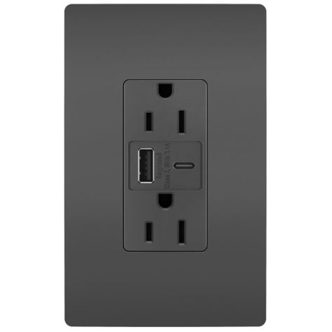 The USB Port (Type A/C) and 15 Amp Tamper Resistant Outlet accommodates mobile devices with two Type A/C built-in USB connections and a tamper-resistant outlet with shutter system that prevents improper insertion of foreign objects. Available in White, Black, Ivory, Light Almond, Nickel, Dark Bronze and Graphite. UL listed. <b><b>NOTE: RADIANT SCREWLESS WALL PLATE SOLD SEPARATELY. Usb Wall Outlet, Outlet With Usb Port, Screwless Outlet Covers, Screwless Wall Plate, Electric Plugs Ideas, Modern Outlets, Kitchen Island Outlet Ideas, Black Outlets, Modern Light Switches