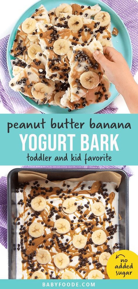 Your kids are going to love you so much when you serve up this Peanut Butter Banana Frozen Bark! Super quick and easy to make, this frozen bark is perfect to serve as a summer snack, dessert, or even for a special breakfast! #frozenbark #yogurt #toddler #kids #snack Banana Frozen, Banana Yogurt, Special Breakfast, High Protein Desserts, Yogurt Bark, Healthy Toddler Meals, Protein Desserts, Summer Snacks, Homemade Snacks