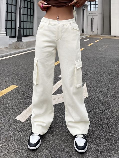 SHEIN Flap Pocket Side Cargo Pants | SHEIN USA White Casual Pants Outfit, Cotton Cargo Pants Women, Trendy Pants Women 2023, Trendy Pants 2023, Cargo Pants White Bg, White Cargo Pants Outfit Summer, Off White Cargo Pants Outfit, Cargo Pants Outfit Winter, White Cargo Pants Outfit