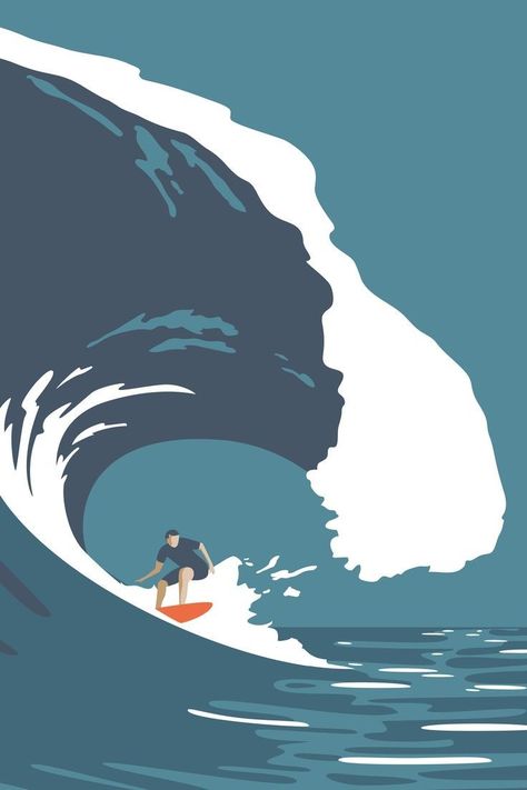 Surfer Graphic Design, Anime Surfing, Surfing Drawing, Surfing Illustration, Surf Illustration, Wave Barrel, Surf Drawing, Surf Artwork, Retro Surf Art