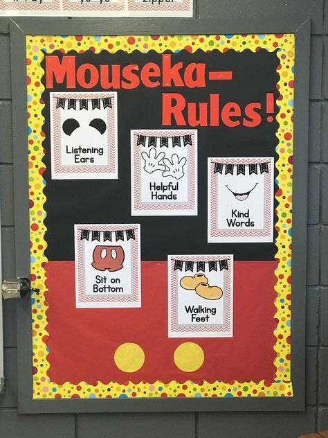 Mickey Mouse Theme Classroom Decorations, Mickey Mouse Clubhouse Bulletin Board, Class Birthday Board Disney, Mickey Mouse Daycare Theme, Mickey Bulletin Board, Disney Themed Daycare Room, Disney Classroom Rules, Mickey Mouse Preschool Classroom, Disney Inspired Bulletin Boards