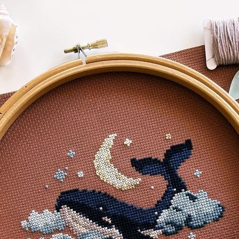 CROSS STITCH PATTERNS on Instagram: "🌙🐋When the moon slowly emerges from behind the clouds at night, whales emerge from the depths of darkness 🌌 Meet my new pattern - “Moon Whale” 🌊🪡 Dive into the magic now available in my stōre!🌟  . #nathnolu #crossstitch #crossstitchpattern #crossstitchersofinstagram #crossstitching #crossstitcher #crossstitchaddict #crossstitchlove #ilovecrossstitch #moderncrossstitch #whaleembroidery #instagramcrossstitchers #whalecrossstitch #oceancrossstitch #seacrossstitch #moonembroidery #countedcrossstitch #embroidery #moonwhale #fiberartistsofinstagram #puntodecruzmoderno #hoopart #crossstitchcreatives #magicstitch #stitchersofinstagram #flosstube #needleandthread #xstitch #pointdecroix #puntodecruz" Cross Stitch Clouds, Whale Cross Stitch, Clouds Cross Stitch Pattern, Manta Ray Cross Stitch, Stingray Cross Stitch, Humpback Whale Cross Stitch, Whales Cross Stitch Pattern, Jonah And The Whale, Moon Cross Stitch