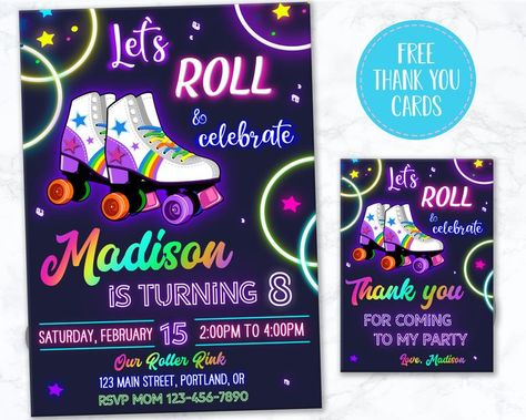 Neon Disco Party, Roller Skate Invitations, Roller Skating Party Invitations, Skate Invitations, Roller Skating Birthday Invitations, Neon Disco, Skateboard Party, Skate Birthday Party, Roller Skate Birthday