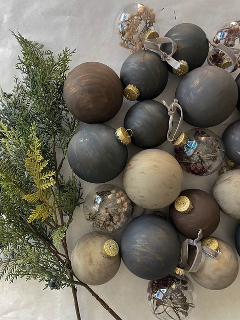 Chalk Painted Christmas Ornaments, Matte Green Christmas Ornaments, Blue And Rust Christmas Tree, Restoration Hardware Holiday Decor, How To Recycle Old Ornaments, Pewter Christmas Tree Decorations, Recycle Old Ornaments, Diy Brown Ornaments, Diy Neutral Ornaments