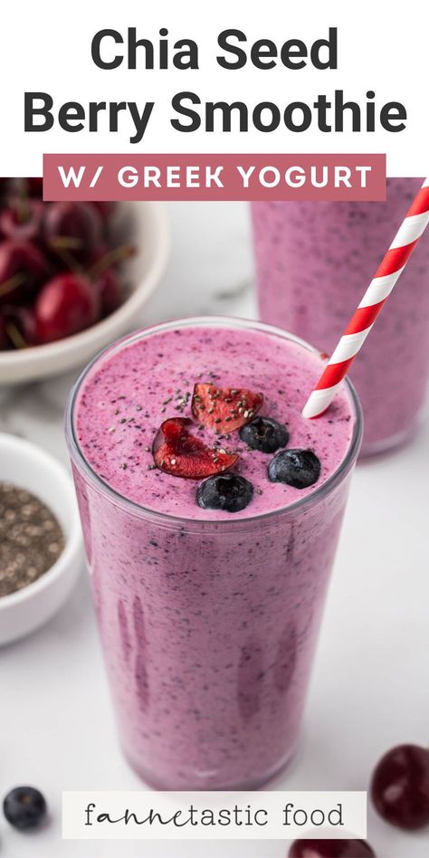 This creamy chia seed smoothie recipe with berries and Greek yogurt makes a delicious healthy breakfast recipe or satisfying snack! You can enjoy this berry yogurt smoothie any time of year - fresh fruit or frozen fruit both work! Chia Smoothie Recipes Healthy, Strawberry Chia Smoothie, Vanilla Yogurt Smoothie Recipes, Yoghurt And Berries, Chia Seed Shake Recipes, Simple Berry Smoothie, Yogurt Fruit Smoothie Recipes, Smoothies With Fresh Fruit, Greek Yogurt Chia Seeds Breakfast