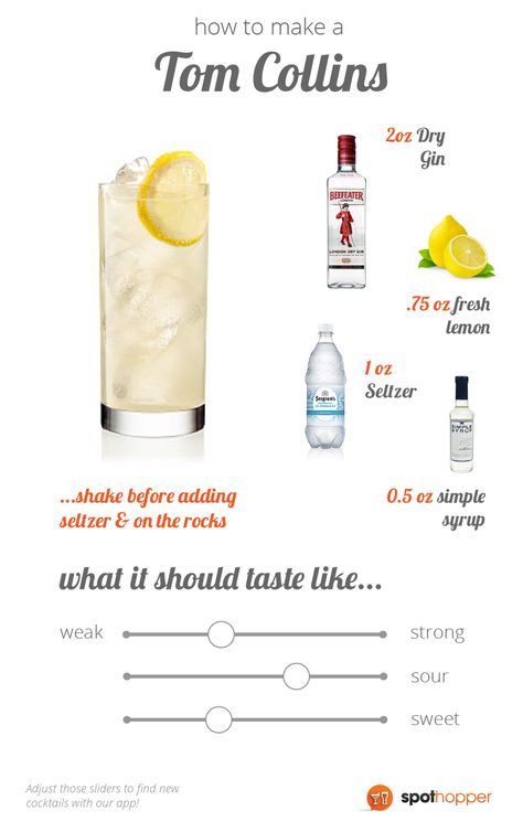 Tom Collins Recipe, Bartender Drinks Recipes, Bartender Drinks, Liquor Recipes, Cocktail Drinks Alcoholic, Whisky Cocktails, Tom Collins, Alcoholic Cocktails, Cocktail Drinks Recipes