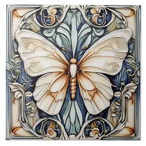 Art Deco Butterfly Nouveau Ceramic Tile | Zazzle Art Nouveau Butterfly, Art Deco Butterfly, Art Deco Geometric Patterns, Ceramic Tile Art, Tiny Creatures, Art Deco Geometric, Spotify Covers, Organic Form, Ethereal Beauty