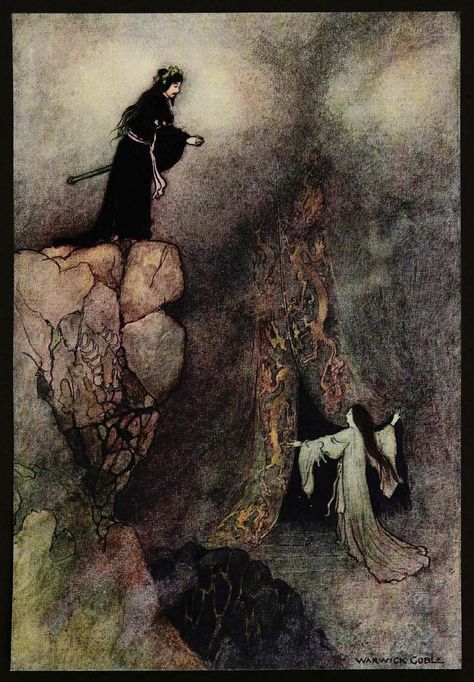 Warwick Goble - Green Willow and other Japanese Fairy Tales, by Grace James, 1910 - 27 of 41 (The Land of Yomi) Fairy Tale Aesthetic, Sulamith Wulfing, Japanese Fairy, Warwick Goble, The Comedy Of Errors, Comedy Of Errors, John Bauer, Fairy Tale Art, Edmund Dulac