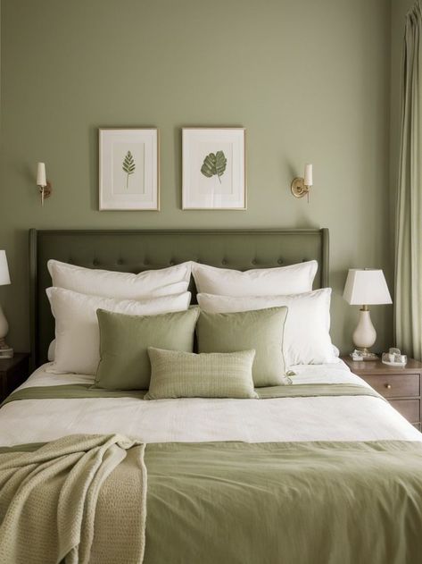 Kichen Design, Modern Teen Boy Bedroom, Olive Green Bedrooms, Green Accent Walls, Cream Bedding, Sophisticated Bedroom, White Headboard, Bedroom Deco, Accent Wall Bedroom