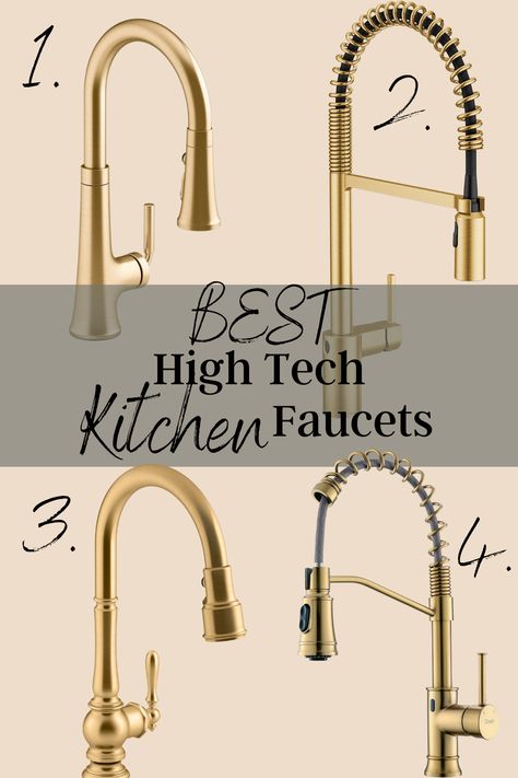 Farmhouse Kitchen Faucet Ideas, Brushed Brass Kitchen Faucet, Kitchen Faucet Ideas, Brass Kitchen Faucets, Modern Gold Kitchen, Kitchen Faucet Styles, Tech Kitchen, High Tech Kitchen, Brass Kitchen Hardware