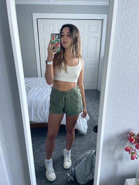 white tank: h&m green shorts: madewell jordan 1s: nike Jordan 1s, Green Shorts, White Tank, Madewell, H&m, Jordan, Mirror Selfie, Nike, Green