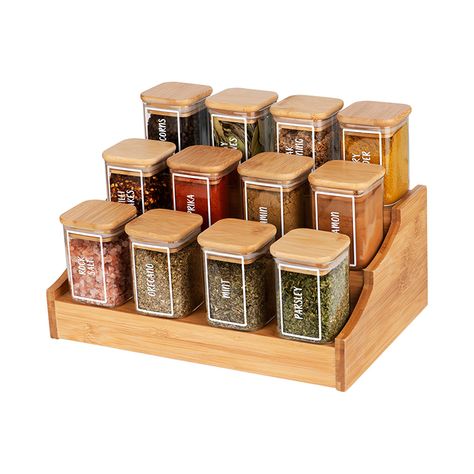 Wooden Spice Rack, Spice Jar Labels, Bamboo Shelf, Glass Spice Jars, House Essentials, Spice Labels, Kitchen Organisation, Kitchen Jars, Spice Storage