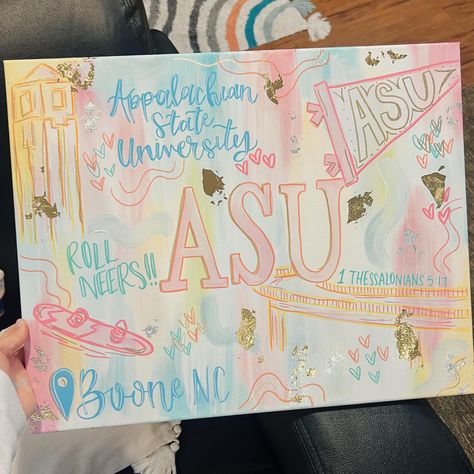 APP STATE custom 💛🩷💙 #designsbyyyc #smallbusiness #college #collegecanvas #collegecanvases #collegecanvaspainting #appstate #appstateuniversity College Room Painting Ideas, Custom College Painting, Preppy Dorm Art, College Dorm Canvas Painting, Cute Dorm Paintings, College Cooler Painting, Canvas Painting Ideas College, Paintings For Dorm, College Dorm Canvas