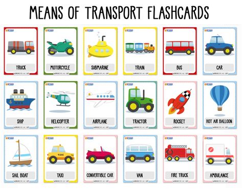 Hi Teachers, Moms and Dads! Here you have a new pack with 28 beautiful flashcards with vocabulary words of Means of transport. Air Transportation Preschool, Transportation Flashcards Free Printable, Means Of Transport Worksheet For Kindergarten, Means Of Transportation Activities, Flash Card Transportation, Transportation Vocabulary, Flashcards For Kindergarten, Preschool Transportation, Mickey Coloring Pages