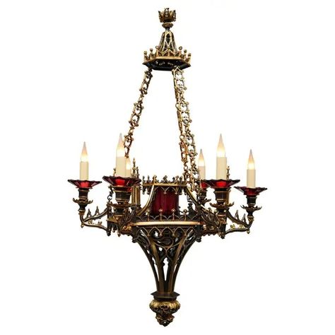 Neo-Gothic Bronze Chandelier, France, circa 1860 Chandelier Gothic, Gothic Revival Furniture, Gothic Chandelier, Gothic Arches, Parisian Hotel, Medieval Buildings, Golden Highlights, Gothic Revival, Red Cups