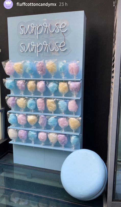 Cotton Candy Display Stand, Cotton Candy Display Ideas, Candy Stand Ideas, Candy Wall Display, Candy Station Ideas, Cotton Candy Display, Candy Storage Ideas, Party Favor Display, Cotton Candy Station