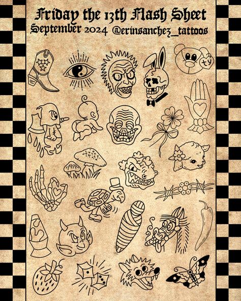 THEY’RE HEEERREEE!! • My Friday the 13th flash will be available on….Friday the 13th ✨shocker✨ Event Details: 💥FIRST COME FIRST SERVE 💥 Time: 2pm-8pm 💥Depending on the wait we will stop taking names by 6/7ish! 💥ZERO changes/modifications or exclusions (ex: removing the 13to any designs) 💥Arms & Legs ONLY • • • If you have any questions, DM me and I will get back to you 😊 • • • • • • • • #fridaythe13th #fridaythe13thtattoo #flashevent #flashart #tattooflashart #tattooflashsheet #tradflash #tr... Friday 13th Flash Sheet, Friday 13th Tattoo Flash, Krampus Tattoo, Friday 13 Tattoo, Halloween Flash Sheet, Friday The 13th Tattoo Flash, Friday The 13th Flash, Friday The 13th Tattoo, Halloween Flash