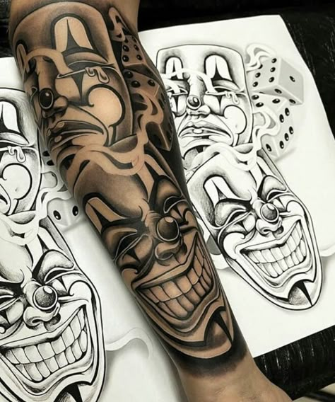 Tattoo Chicano Style, Cholo Tattoo, Half Sleeve Tattoo Stencils, Chicano Tattoos Sleeve, Clown Tattoo, Money Tattoo, Chicano Style Tattoo, Forarm Tattoos, Chicano Tattoo