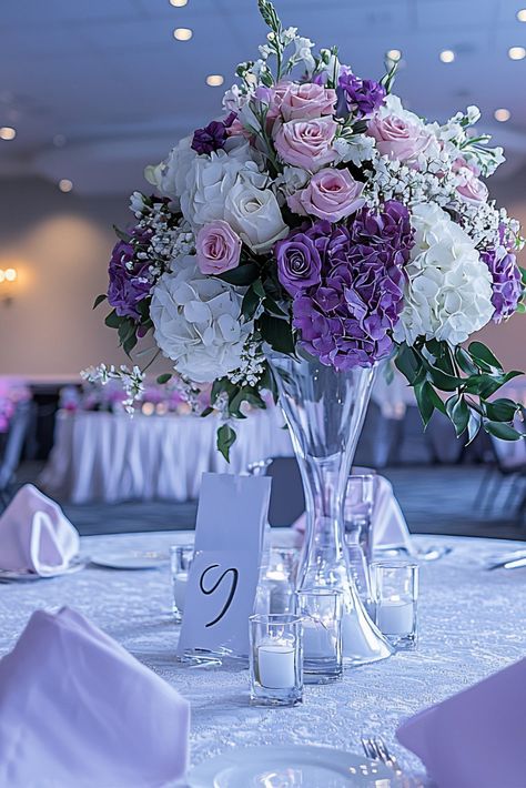 Regal Purple Majesty Lilac Wedding Centerpieces, Tall Glass Vase, Ballroom Reception, Lilac Wedding, Tall Centerpieces, Wedding Table Centerpieces, Blush Roses, Table Centerpieces, Wedding Centerpieces