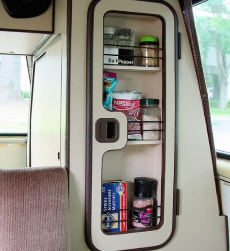 spice-cabinet in the mirror door! - Vanagon Hacks Westfalia Interior, Westfalia Van, Rhino Design, Kombi Trailer, Vw T3 Camper, Vanagon Westfalia, T3 Bus, Vw T3 Syncro, Volkswagen Westfalia