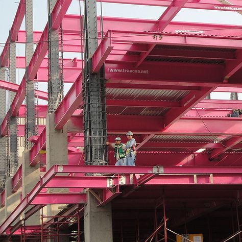 Pink construction with people Pink Aesthetic Architecture, Pink Facade Architecture, Pink Empire State Building, Pink Buildings Architecture, Pink Construction, Pink Abandoned Aesthetic, Pink Building, Pink Passion, Pink Inspiration