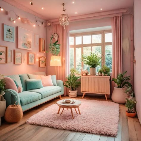 Boho Danish Pastel Aesthetic, Simple Colorful Living Room, Pink And Green Living Room Decor, Pastel Lounge, Peach Living Room, Pastel Apartment, Mint Green Room, Green Room Design, Yellow Kitchen Cabinets